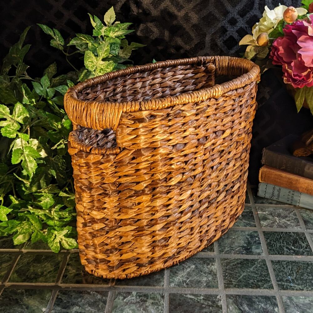 14.5" x 7" x 11" H Oval Seagrass Utility Magazine Basket with Integrated Handles